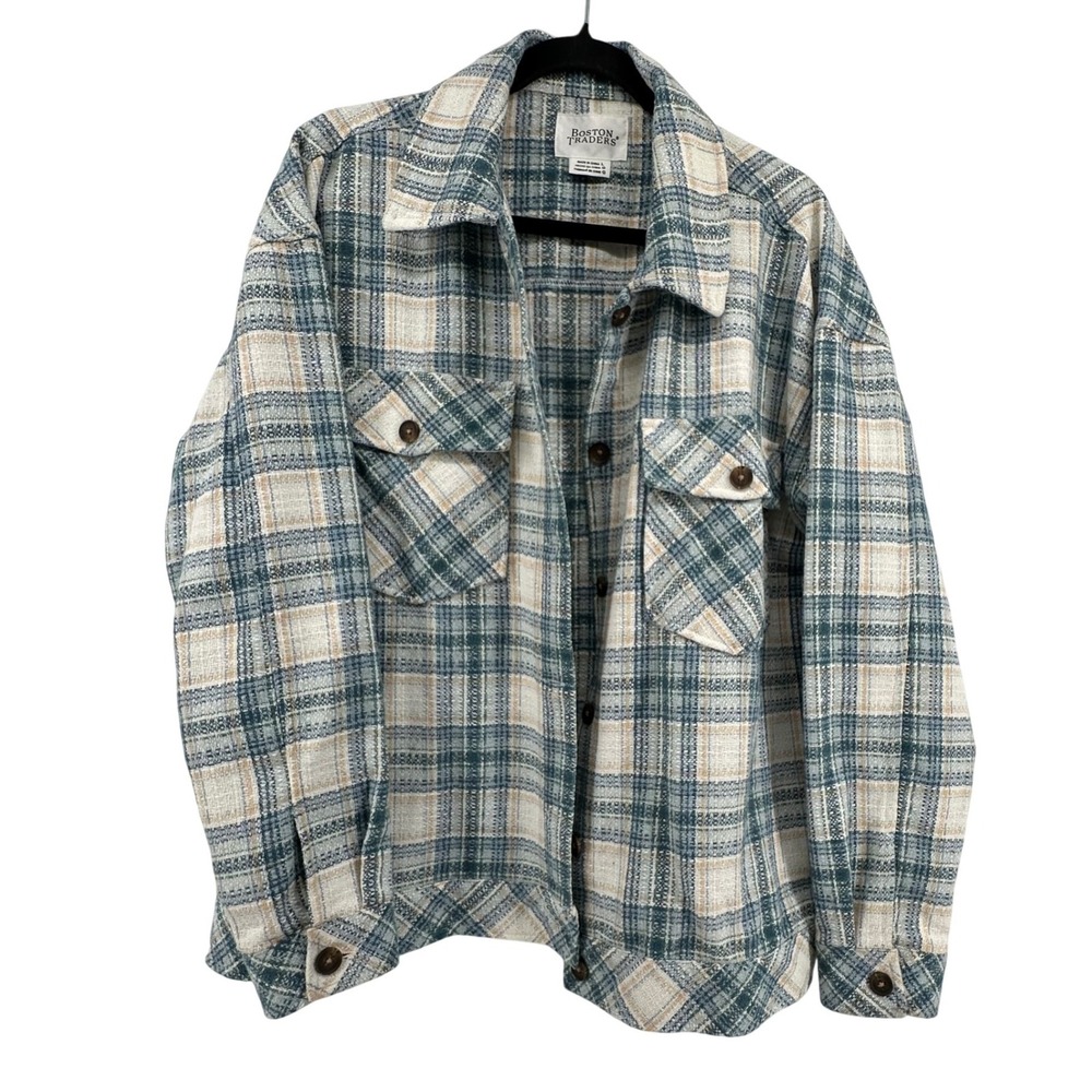 Boston Traders Plaid Flannel Shirt Jacket Womens Size L Green Blue Cream Shacket